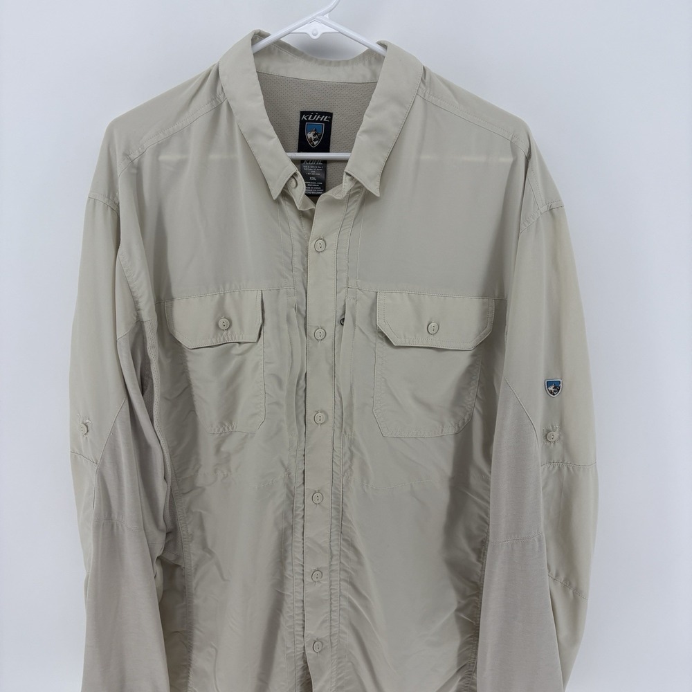 KUHL Airspeed Mens XXL Hiking Shirt Beige Long Sleeve Vented Roll Tab Outdoor